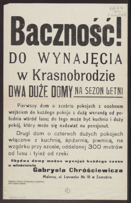 Zbiory biblioteki cyfrowej Polona, Ogoszenie Gabriela Chróciewicza o wynajmie na sezon letni dwóch domów w Krasnobrodzie, Drukarnia Szpera w Zamociu.